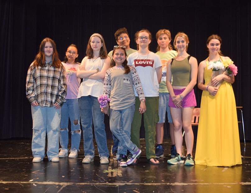 On June 1, students form Canora Composite School presented the drama Identity Play; Or who you are when you think you are. Cast members, from left, were: Storey Fehr, Savannah Bryant, Mataya Ball, Klowie Holmgren, Cordae Cree (behind), Maisie Kuzminski, Ferlyn Brass, Zoe Becker and Zoey Brodeur.