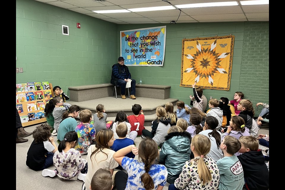 Good Spirit School Division Indigenous Cultural Advocate, Robert Severight joined classes at CJES during Education Week to read the story entitled Grady The Goose. He spoke to the students about of their own learning journeys, which included his contribution, teaching them a number of useful Cree words.