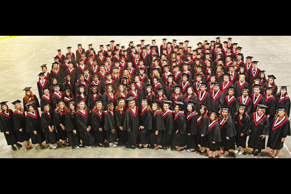The graduating students of the Weyburn Comprehensive School gathered for a group photo in the Tom Zandee Sports Arena on Saturday morning. Following this, the grads lined up in order, and were led into Crescent Point Place for the graduation ceremonies.