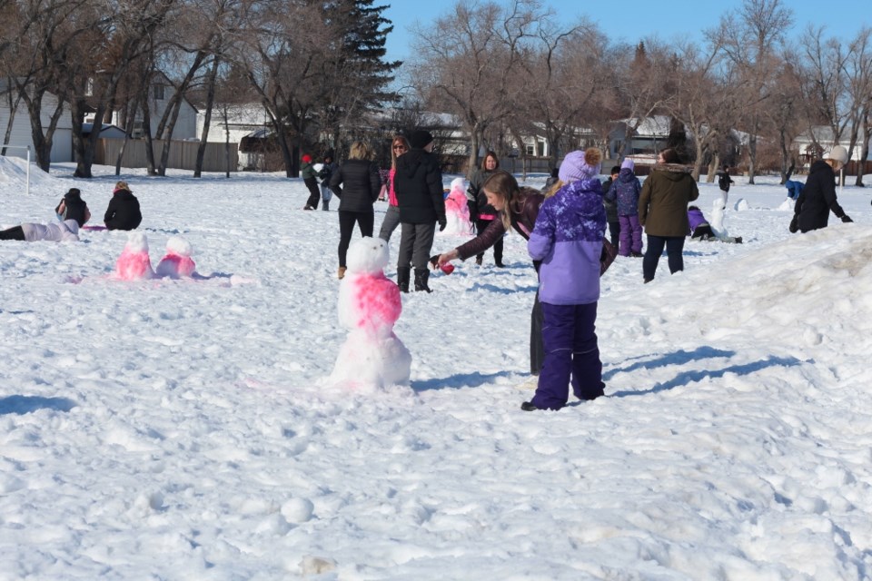 Snowmen were sprayed with pink dye in recognition of Pink Shirt Day at St. Alphonsus.