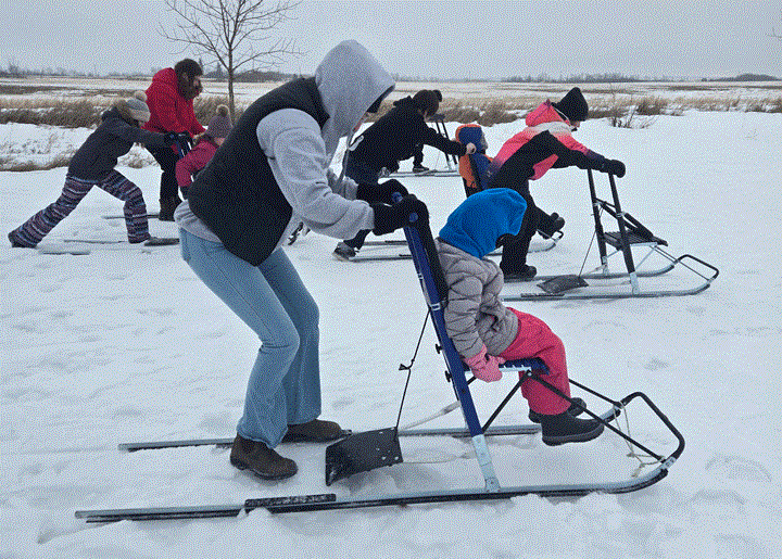 Claire Winter, Lennon Lees and Cutline #3 – Kick-sledding…who’s going to get to the finish line first.