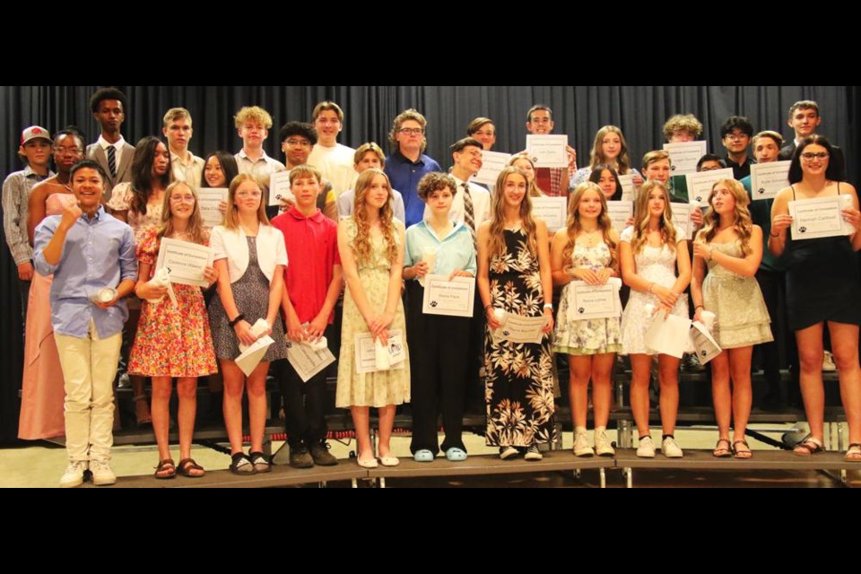 The Grade 9 students of St. Michael School gathered with their certificates on awards night Wednesday. The class includes, not in order, Sierra Bauman, Brock Bedore, Gavin Bedore, Mira Bourassa, Hannah Caldwell, Davin Cascagnette, Daylin Cascagnette, Jovin Cleasby, Kingston Cox, Sophia Dela Cruz, Logan Dunne, Maryanne Ejiofor, Marlie Fleck, Jakob Hahn, Ryan Hansen, Katie Ivakhnenko, Ledger Kerslake, Mulugeta Kesete, Grayson Kopec, Taras Lazechko, Raina Lohse, Andrew Madridejos, Jethro Magno, Lea Mae Mujar, Lily Popescu, Gio Presto, Atasha Recto, Kyde Schwindt, Markuss Skujins, David Sorowski, Seth Stadnick, Brycen Tessier, Dennon Thompson, Sophie Walkeden, Cadence Wawro, Harper Williams, and Ivan Zaika.