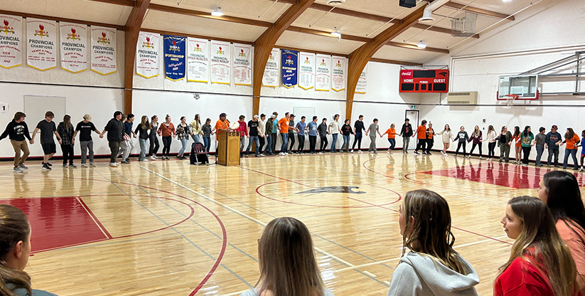 CCS held an assembly on Sept. 27 to highlight Truth and Reconciliation Day, which fell on Sept. 30. All those in attendance formed a friendship circle around the CCS auditorium, led by Guest Speaker Robert Severight from Cote First Nation, who sang and played the friendship drum.