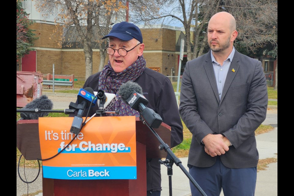 Don McBean, a retired educator and Saskatchewan NDP's Saskatoon Chief Mistwasis, spoke during a media briefing outside Silverwood Heights School on Monday, Oct. 21.   