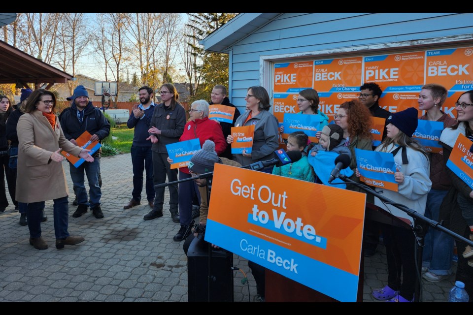 Carla Beck greets supporters in Martensville on Friday, Oct. 25.