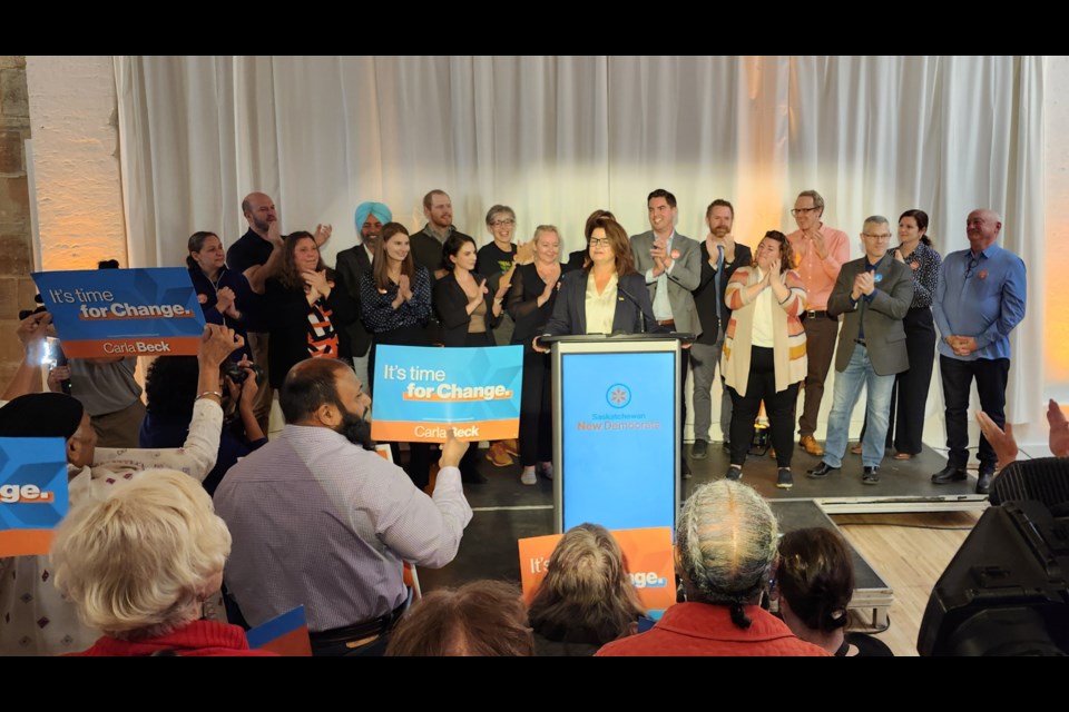 Saskatchewan NDP Leader Carla Beck with some of their candidates running in different constituencies during a campaign stop at The Avenue on Sunday, Oct. 20.