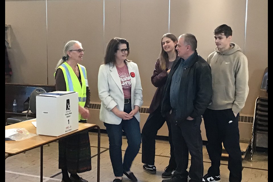 Carla Beck and her family at the polling station in Regina Lakeview Monday morning.