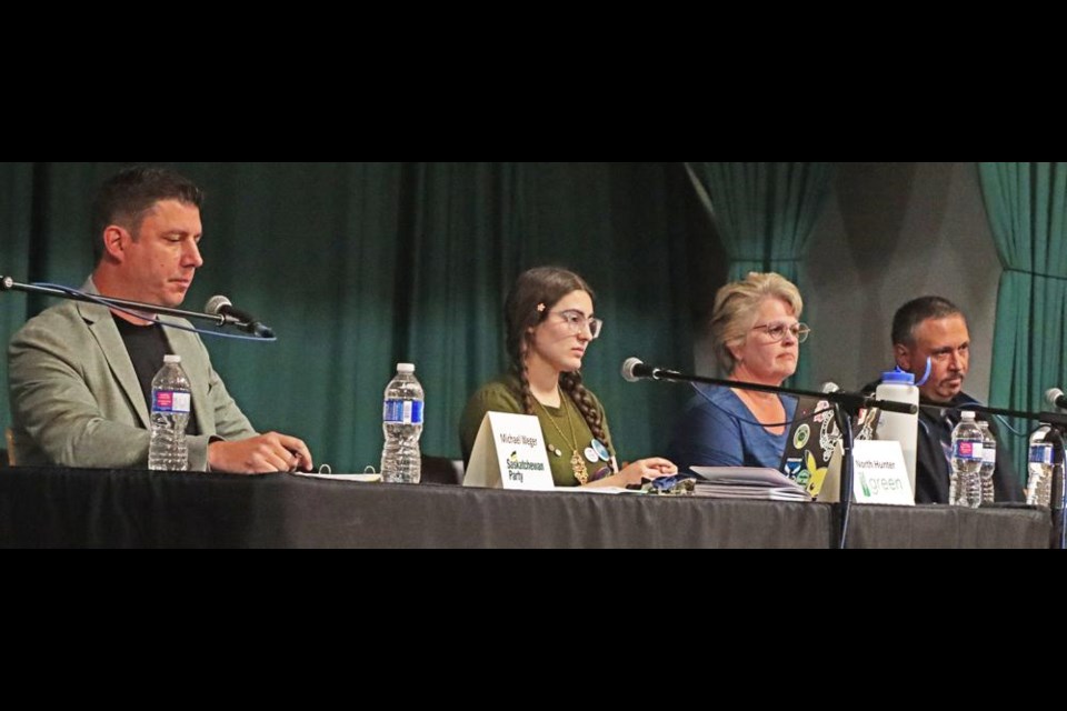 Four of the five candidates running in the provincial election took part in Weyburn's election forum on Wednesday night. From left are Mike Weger, Sask Party; Hunter North, Greens; Rose MacInnes, Sask United party, and Andrew Shanaida, Buffalo Party. Seth Lendrum of the NDP did not attend the forum.