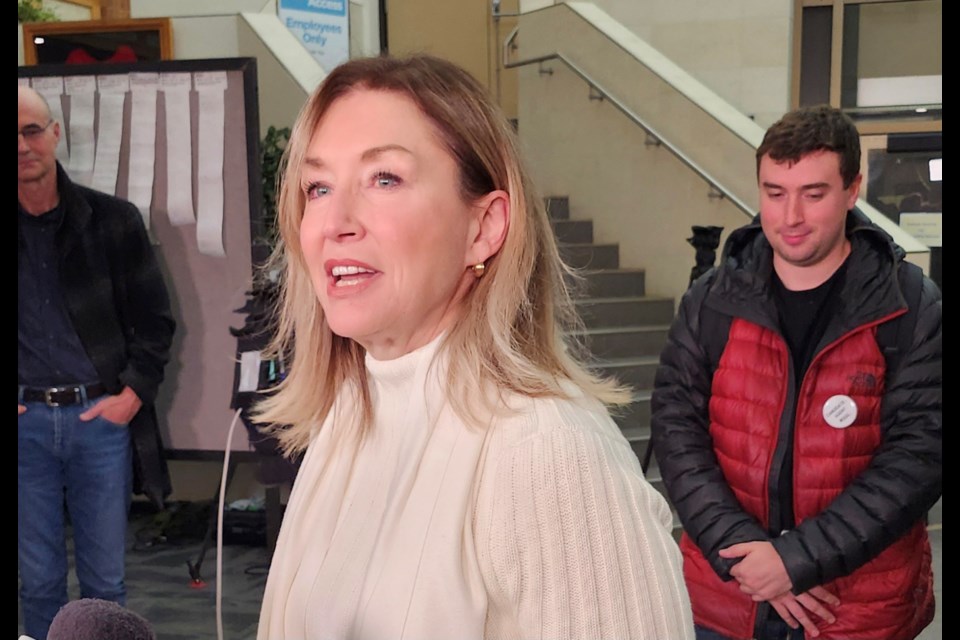 Saskatoon mayor-elect Cynthia Block answers questions from local reporters after winning the Civic Elections on Wednesday, Nov. 13.