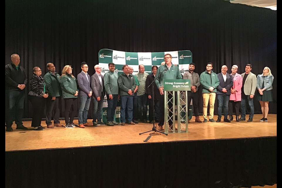 Scott Moe alongside candidates at their final Regina rally of the campaign.