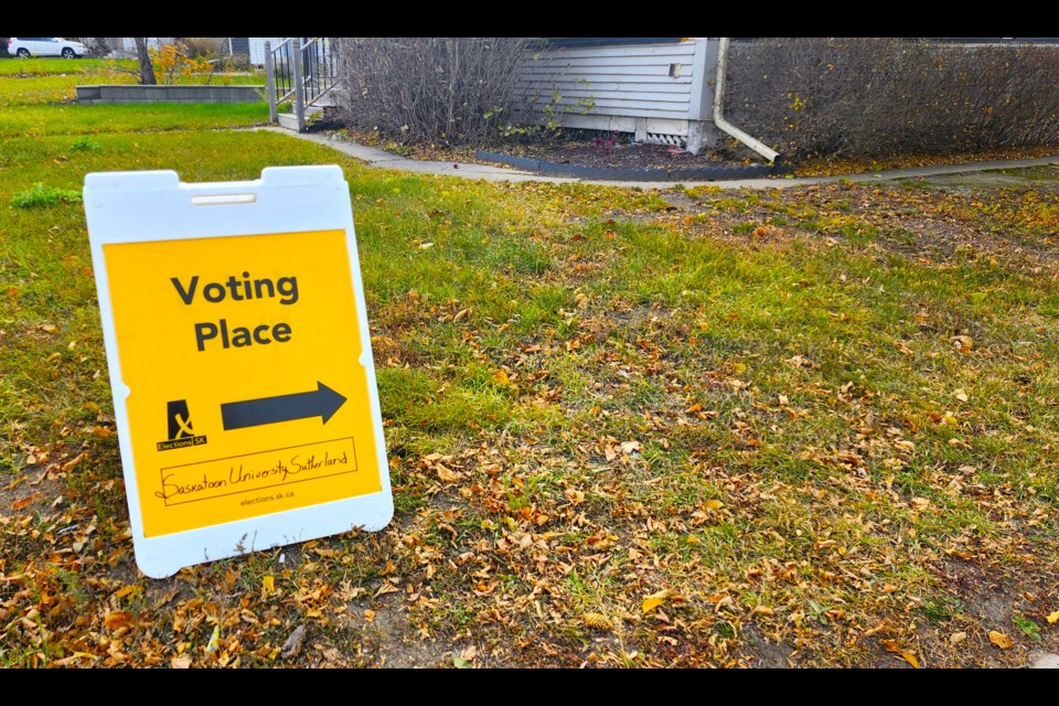 A sign tells voters where the polling place is in Sutherland in Saskatoon.