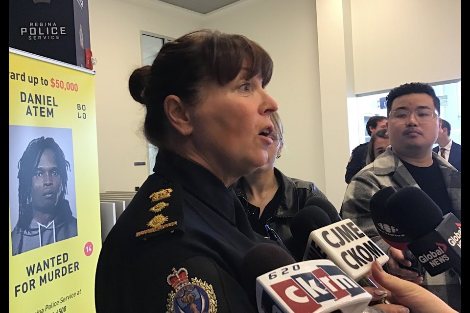 Deputy Chief Lorilee Davies speaks to reporters about the latest on the incident at a Regina campaign office.