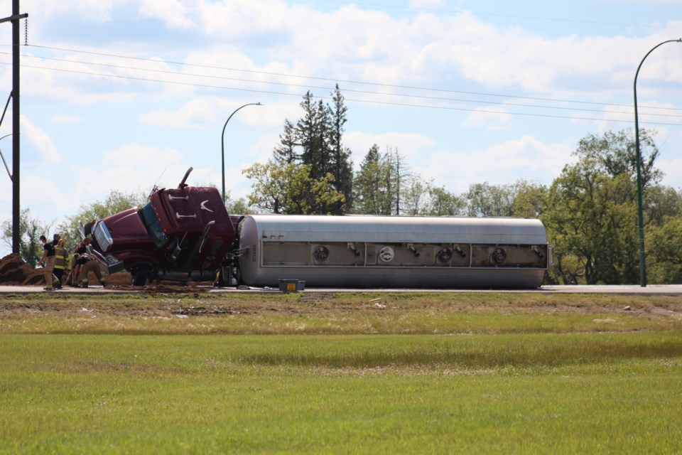 A semi-trailer unit loaded with Jet B fuel rolled over at the intersection of Highway 10 and Queen Street on Thursday afternoon.