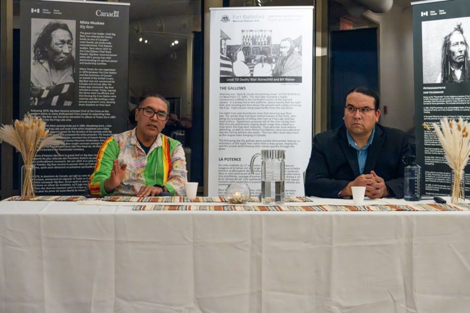 Office of the Treaty Commissioner Speakers Bureau members Lyndon J. Linklater, left, and Aaron Tootoosis.