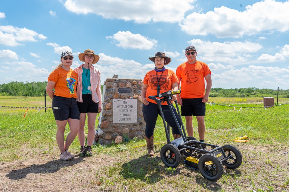 Kathleen Willie, Angela Burant, Micaela Champagne and Lennon Sproule from the U of S Anthropology department to ground imaging radar to find unmarked graves at and around the Children's Gravesite of the Battlefords Industrial School.