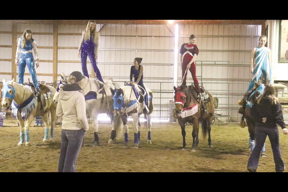 The Truco Trick Riders team, shown at a practice at the King farm at Corning, are ready to perform in Weyburn for the first time. The team includes Weyburn’s own Charlize Hallberg, Jordanna White, Kyla Dyer, Bailey Steeves and Shayda King.