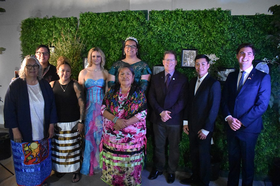 Battleford Agency Tribal Chiefs held their first-ever Gender, Diversity and Equity Masquerade Ball fundraiser for LGBTQ2S+ sex education in the Battleford's with dignitaries and speakers including (left to right) Chief Sylvia Weenie, Jordon Weenie BATC's program manager, Trina Albert Councillor for Sweetgrass First Nation, Kylie Rebeyka, Jeanette Bugler, Donald Meriam, Mayor David Gillan, Keyhew Gopher and MLA Nathaniel Teed (Saskatoon Meewasin.) Deputy mayor for the Town of Battleford Alexis Christensen not pictured.