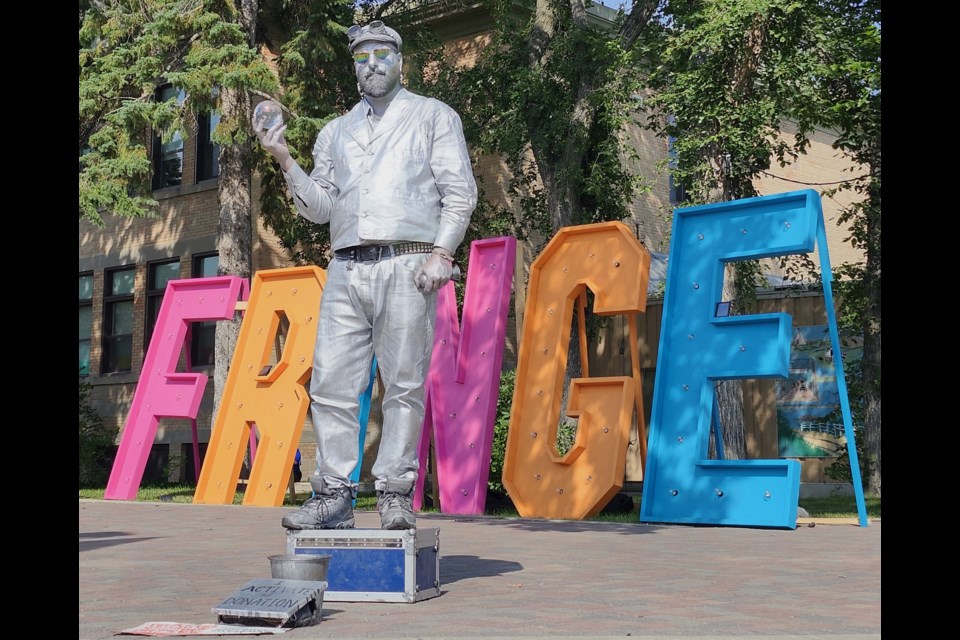 A living statue performer at the 2024 Saskatoon Fringe Festival that opened on Thursday, Aug. 1, on Broadway Avenue.