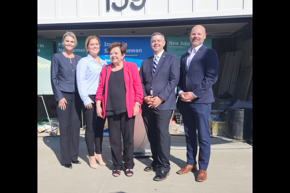 Saskatoon & Region Home Builders Association CEO Nicole Burgess, from left, Saskatchewan Realtors Association CEO Chris Guerette, and Ministers Donna Harpauer (Finance), Jeremy Harrison (Trade and Export Development), and Dustin Duncan (Crown Investments Corp.). 