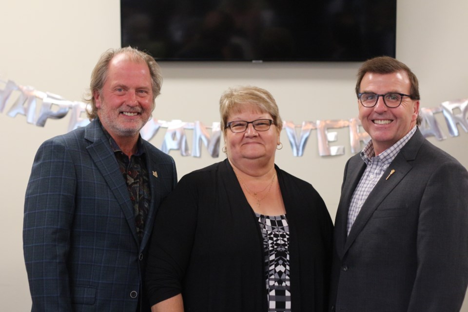 From left to right.  Mayor Mitch Hippsely, Deb Sereda President of the Auxillary and Yorkton MLA Greg Ottenbreit were in attendance to celebrate with members of the ANAVETs.