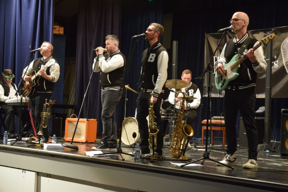 The Bromantics brought back the music of the 50s at their concert in Canora on March 16, including four-part harmonies. From left, were: Gregg Gower, keyboards; Rob Haakenson, guitar/vocals; Tim Lynchuk, lead vocals; Kurt Gillett, saxophone/vocals; Justin Hauck, drums, and Jim Mitchell, bass/vocals.