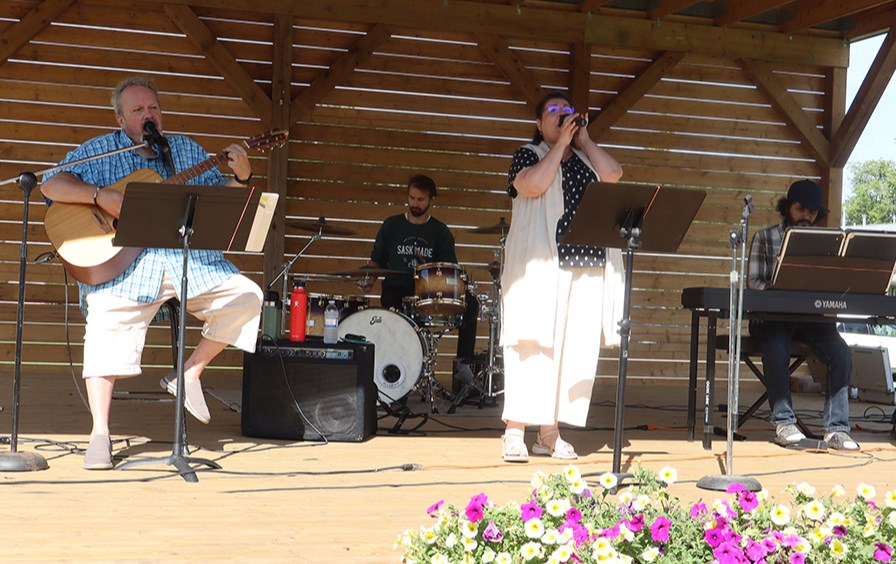 Providing the music and leading the singing at the worship service in King George Park on Aug. 25, from left, were: Pastor Brett Watson (guitar, vocals), Adam Jones (drums), Pastor Mavis Watson (vocals) and Caleb Senechal (keyboards).