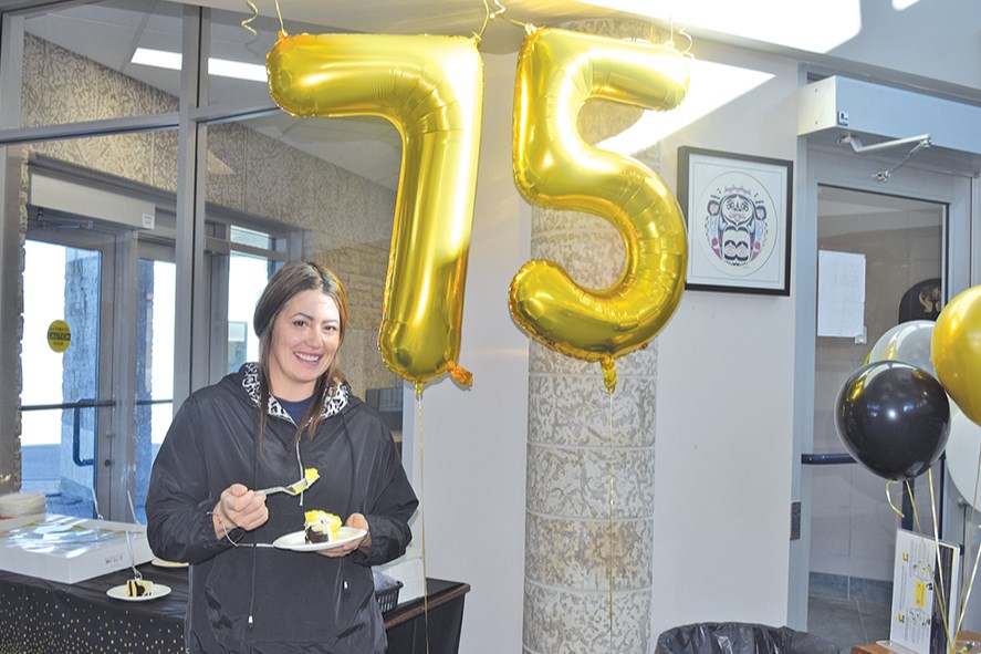 Marcia Griffith stopped in at Crossroads Credit Union in Canora to enjoy coffee and a piece of the 75th anniversary cake on Oct. 19, International Credit Union Day. 