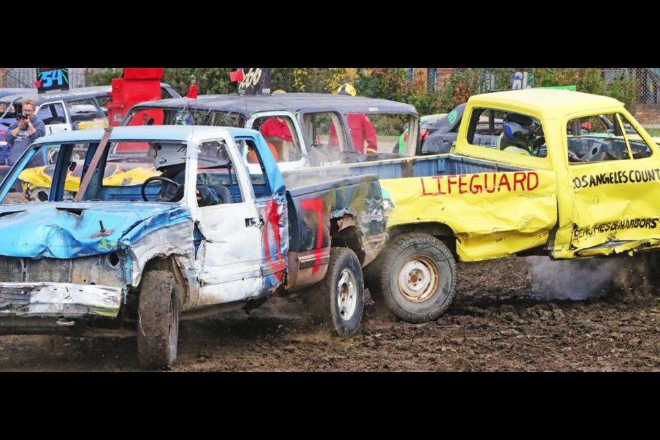 Jarod Bourassa, driver of the truck at left, met back ends with driver Logan Waddell during the truck heat at the demo derby last year, with Bourassa going on to win the heat.