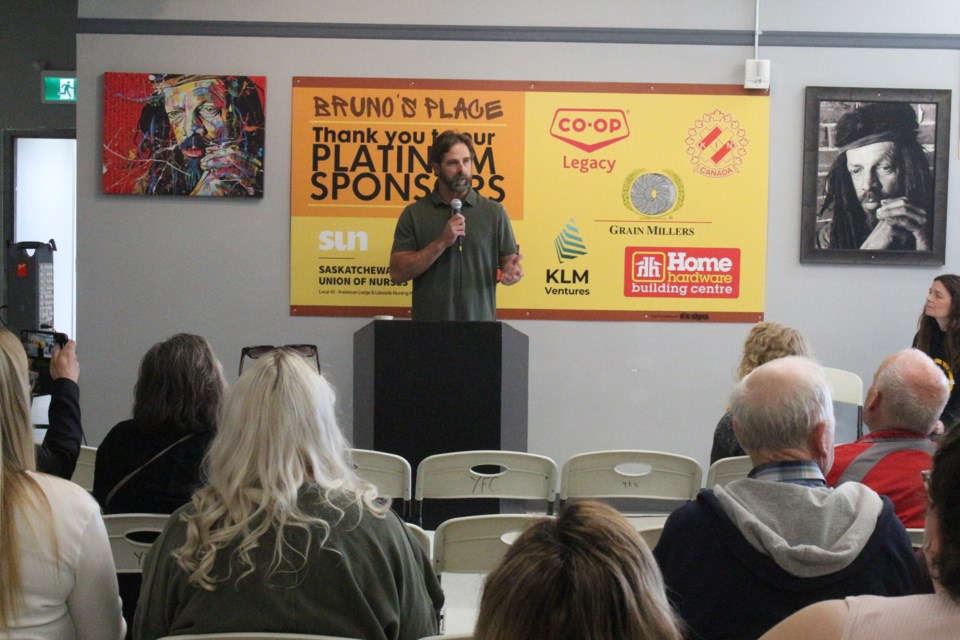 Stephan Bymak of Prairie Harvest Community Centre addressed the crowd of around 50 people at the grand opening of Bruno's Place.