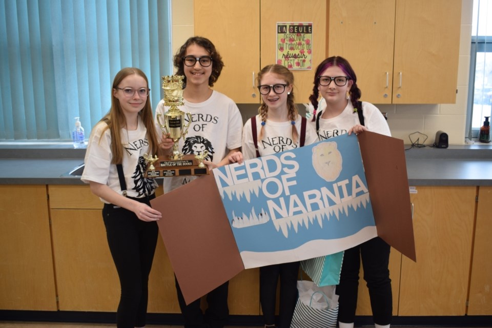 Spruce Ridge School's Nerds of Narnia, from left, Rory Tatarnic, Liam Kwochka, Taylor Ellis and Tyler Wagner, won the Grade 7 and 8 competition.