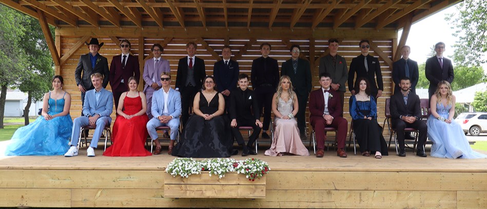 The Canora Composite School Class of 2024 celebrated their graduation at King George Park on the new stage on June 27. The 22 class members, from left, were: (back row) Porter Wolkowski, Lucas Latham, Hunter Lamb, Bronson Heshka, Brandon Harder, Brayden Goetzinger, Ethan Curtis, Jack Craig, Rylan Bletsky, Ty Baillie and Aidan Ash; and (front) Bailee Zuravloff, Nate Wolos, Callie Sznerch, Taye Shukin, Zennia Lukey, Hunter Secondiak, Shayna Leson, Joshua Rock, Alina Khrul, Michael Owchar and Jordan Harper.