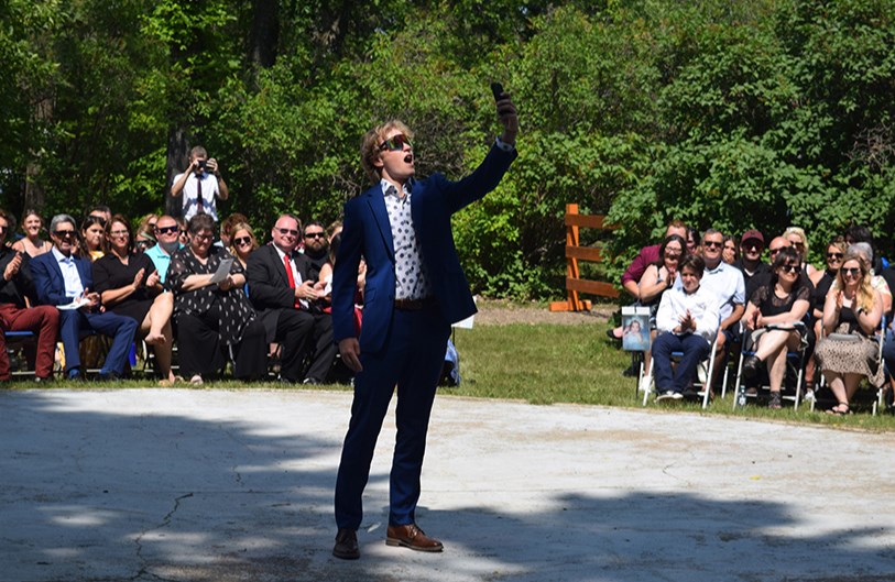 Since Logan Wolkowski is last alphabetically in the 2023 CCS Graduating Class, he was the final grad introduced in the entrance portion of the program on June 29 at King George Park. But he definitely made it memorable, stopping to take a selfie with the audience serving as a special background.