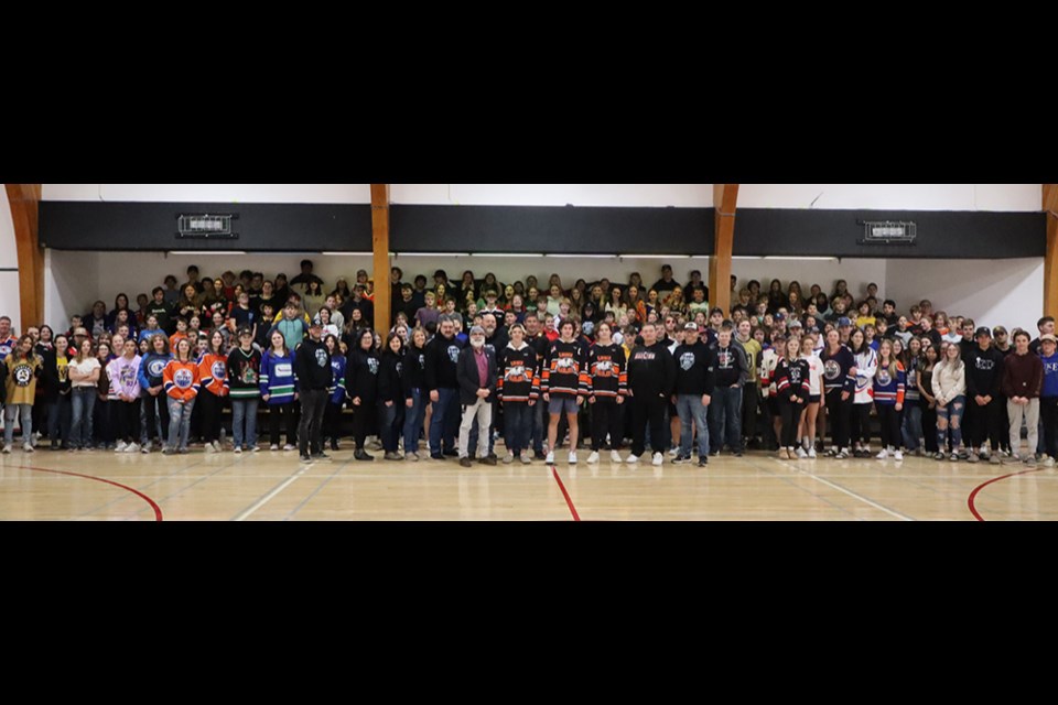 A group photo taken after the Hockey Day in Saskatchewan Canora announcement included CCS students along with special guests: Hockey Saskatchewan representatives, Town of Canora representatives, Canora Minor Hockey executive members, Richardson Pioneer representatives (sponsor), and the coach and several members of the U18 AAA Yorkton Maulers, who will be facing off against the Regina Pat Canadians in Canora as part of 2025 Hockey Day in Saskatchewan. 