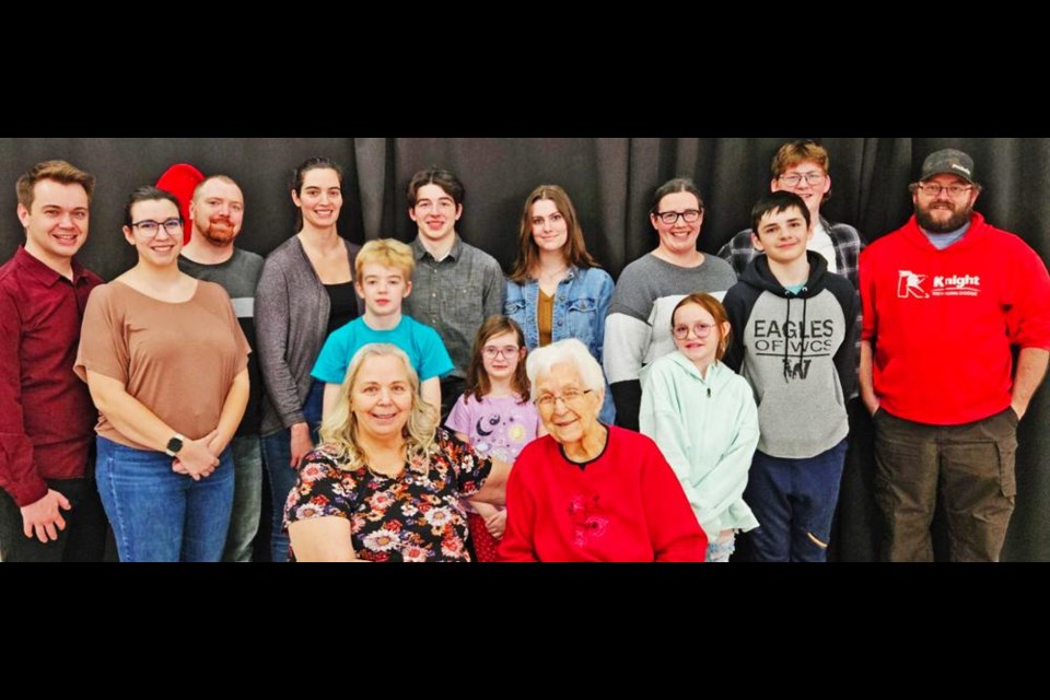 The members of the JAMS Family, with Sandy Johnson (front left) with her mom, Doreen Brown, put on the JAMS Family Christmas dinner on Christmas Day at the Knox Hall, with 177 people in attendance. They raised $1,780, which was donated to the Therapeutic Animal Park. They include, in the back from left, Colton Lund and Mikki Spencer, Cam and Ali Klippenstine, Jeremy Symes and Carys Moffatt, Jen Symes, Jacob Symes and John Symes. The children in the middle are Declan Klippenstine, Luca Klippenstine, Julia Symes and Josh Symes.