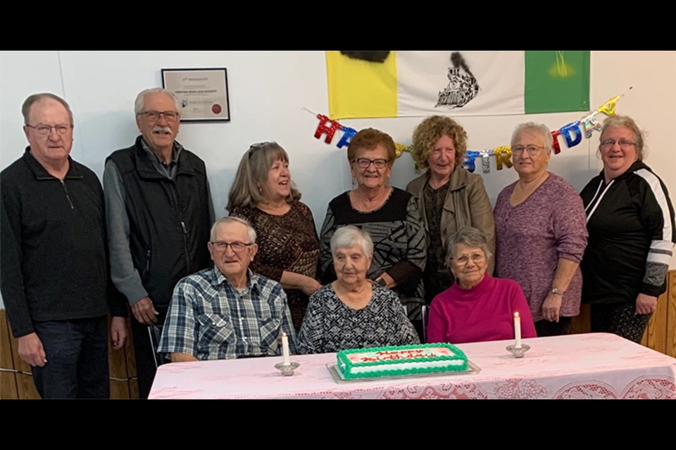 A Keen Age Centre birthday party was held on Nov. 19 for members with birthdays in October, November and December. From left, were: (standing) Bill Gulka, Rob Martel, Karen Kreklewetz, Mary Prokopetz, Kim Grywacheski, Sharon Chabun and Rae Duncalfe; and (seated) Leo Rakochy, Bernice Rakochy and Pauline Gogol.