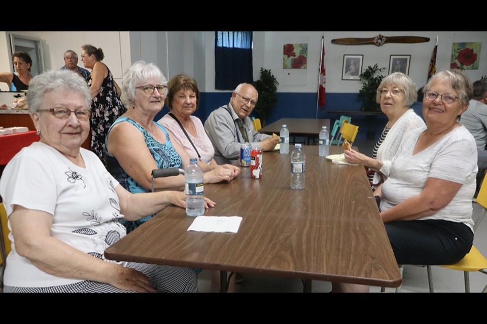 Among the first to enjoy the Legion’s first pulled pork lunch, from left, were: Joanne Zawislak, Monica Dudeck, Bev Fransishyn, Thom Carnahan, Oney Pollock and Sharon Ciesielski. 