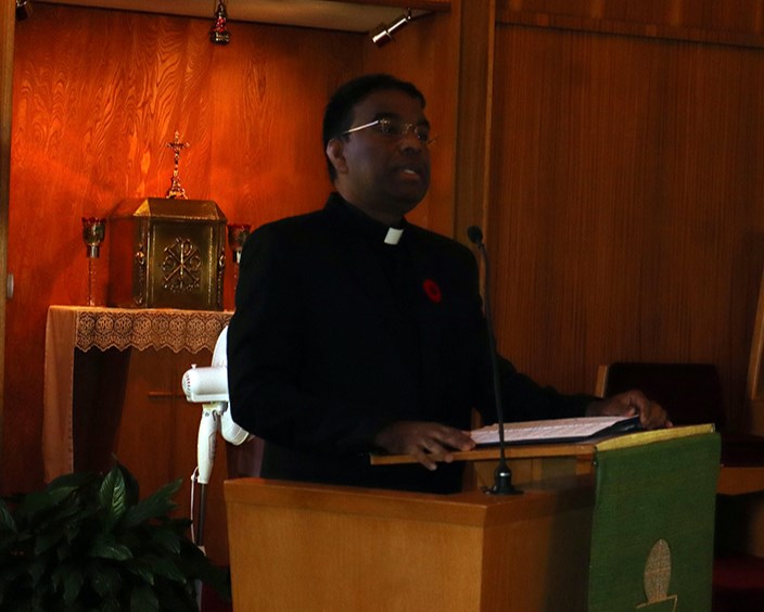 During the Nov. 11 service at the St. Joseph’s Roman Catholic Church, Fr. Thomas Mutavanattu encouraged listeners to reflect on the lives of those who served and the values they displayed through their sacrifices.