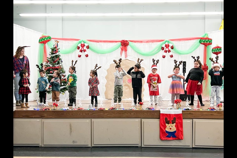 Tiny little reindeer from Ocean Man First Nations' kindergarten class sang Reindeer Pokey. 