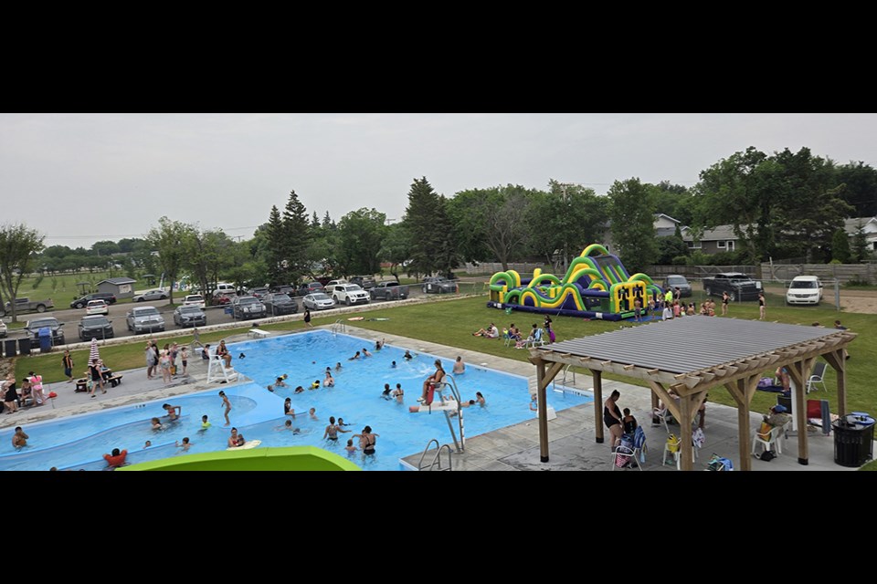 The Canora Aquatic Park Pool Party on July 25 drew an estimated 300 visitors, many of them eager to go for a swim and enjoy the inflatable course. 