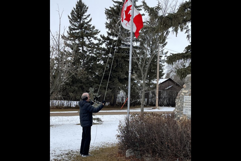 Joe Kowalyshyn lowered the Canadian flag to half-mast and acknowledged war veterans at the Rama Remembrance Day Service on Nov. 11.
