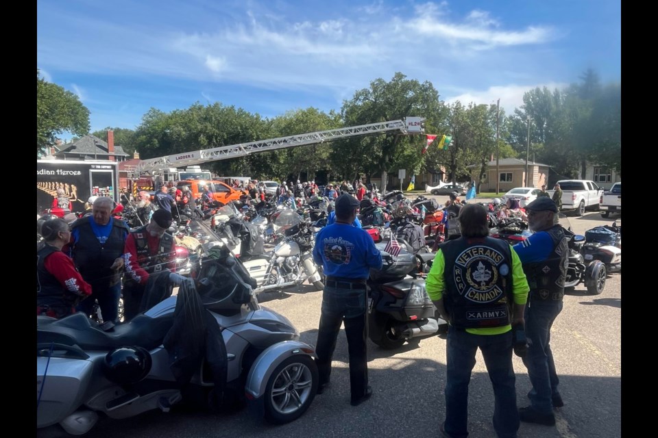 The Rolling Barrage made a stop in Yorkton Aug. 11 at Fire Protective Services on the 14th day of their coast to coast cross-Canada charity motorcycle ride.  The RB is expected to arrive in Princeton, BC on Aug. 17, the 21st day of the ride.  This is the eighth year for the ride that brings awareness to combat the stigma associated with PTSD and other mental health-related concerns for Canadian Armed Forces (CAF), RCMP, First Responders, Safety Community and Emergency Healthcare Providers.