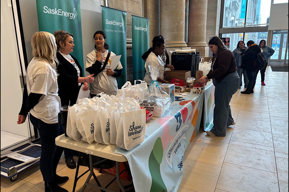 A look at the setup at Cornwall Centre for Share the Warmth Day in Regina.