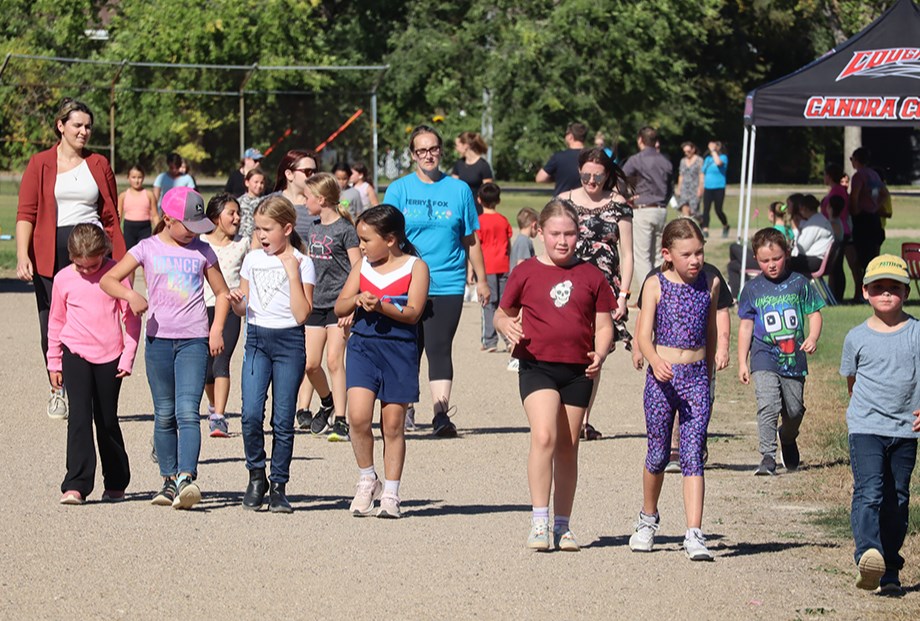 Runners from Canora Junior Elementary School were on the CCS track to support the Terry Fox Run during the afternoon of Sept. 25. Approximately 115 CJES students took part, joined by a significant number of staff members as well as three local RCMP officers: Sgt. Derek Friesen, Cst. Trevor Cahill and Cst. Darren Letson. Students from Canora Composite School also participated in the Terry Fox Run earlier in the day.