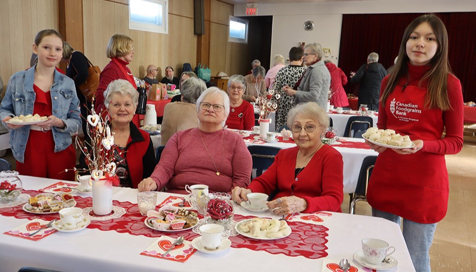 The youthful enthusiasm of Talia Collingridge and Maggie Lemaigre was apparent as they served visitors at the St. Joseph’s Roman Catholic Church Valentine’s Tea and Bake Sale on Feb. 15. From left, were: Talia, Adeline Leson, Monica Dereniwsky, Sophie Fullawka and Maggie. 