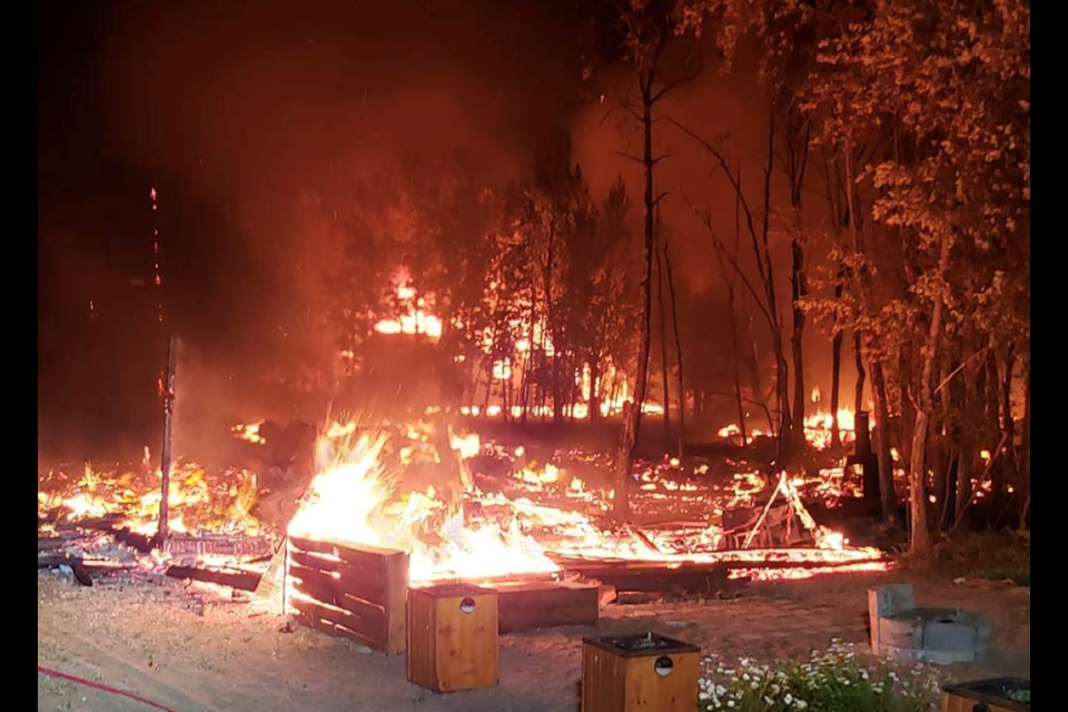 After a fairly quiet spring, members of Canora & District Fire Rescue were called to a major fire at Burgis Beach in the early hours of June 21, the first day of summer, according to Jess Harper, fire chief. “We got the call at 12:15 a.m.,” said Harper, “and we got back at around 9:30 a.m. so we were at the site for around eight hours. When we arrived on the scene, it was just a big ball of fire. Four cabins were lost in total and another was damaged.” 
Harper said three of the cabins were fully involved when they arrived, and they didn’t have time to get around the side of the buildings to save the fourth cabin. “Thankfully no one was injured.”
The Rhein fire department was called in for mutual aid, and according to Harper, “Their help made a big difference.”
