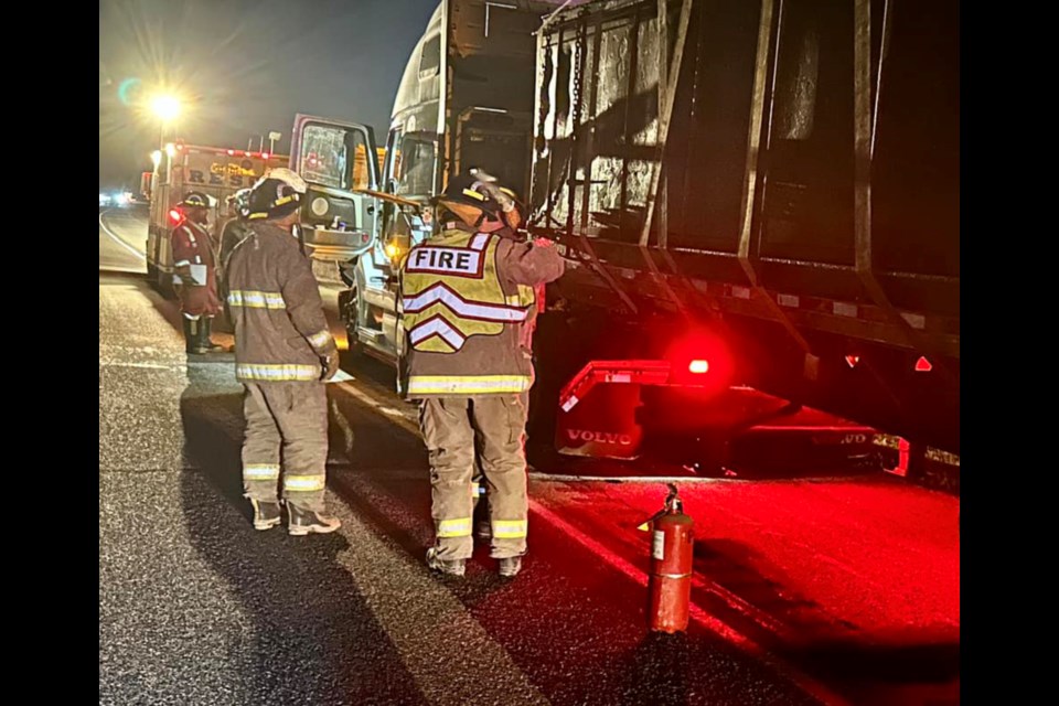 Fire crews were called to an area five miles east of Whitewood for a collision between a semi and an axle that had fallen onto the roadway.