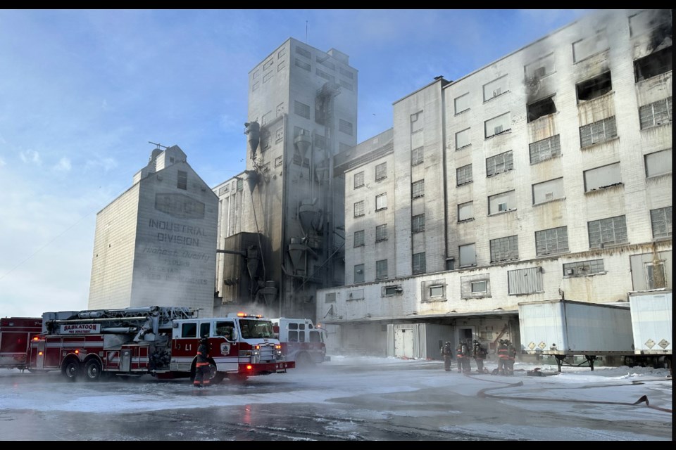 A drone from SPS was used to assess the roof areas of the flour mill to determine if the flames had spread. Video from the drone confirmed that the fire was contained to the lower floors.