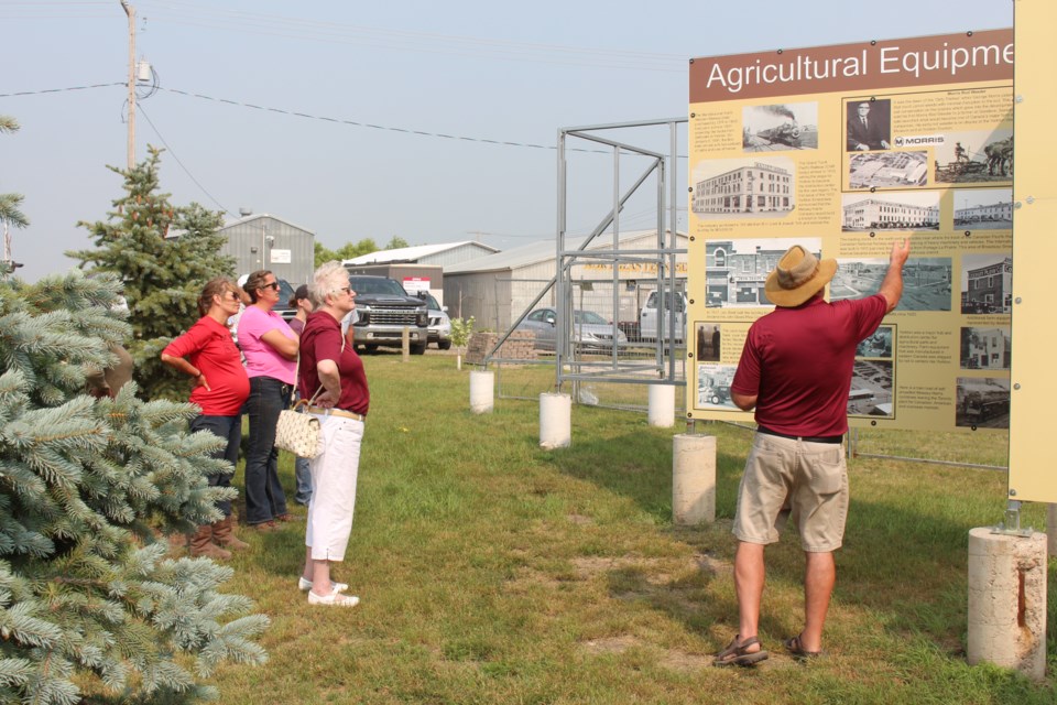 A handul of people gathered at the Yorkton Flour Mill July 24 to celebrate the unveiling of three new outdoor displays.  The new displays include a tribute to pre-Colombian Aboriginal Agriculture, a tribute to York Colonists and early settlers attempts to beautify their new world and a display of grains used to make flour ranging from ancient to modern.