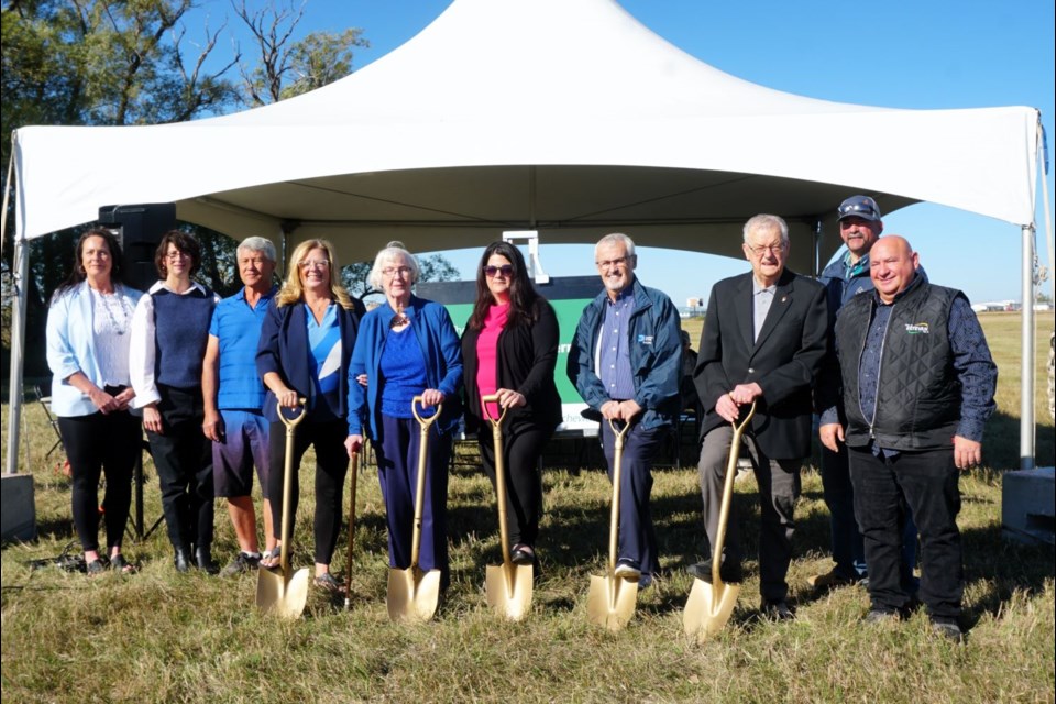 Participating in sod-turning for the new nursing home in Estevan were, from left, Marnell Eagles, RM of Cymri; Tania Andrist, new nursing home committee member; Gregory Dukart, RM of Benson; Estevan MLA Lori Carr; Marguerite Gallaway, original new nursing home committee member, Shelly Veroba, City of Estevan councillor; Jim Pratt, original new nursing home committee member; Don Kindopp, new nursing home committee chairman and original member; Terry Sernick, RM of Coalfields; and Kevin Daoust, RM of Estevan.