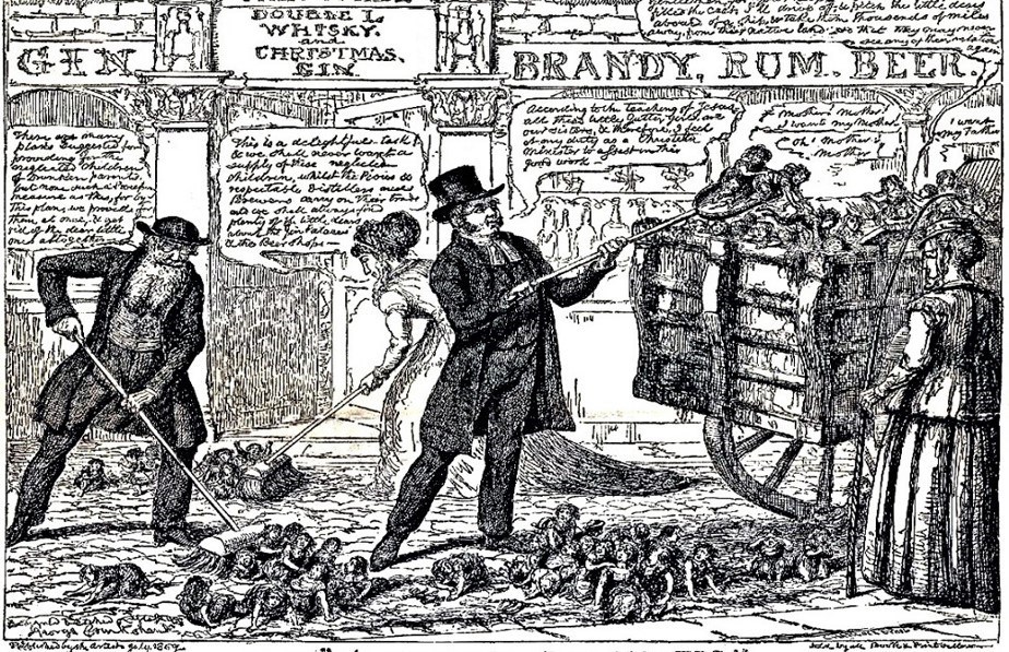 A cartoon in a paper shows poor children or 'waifs' being scooped off the streets along with excrement and filth and shipped to Canada.